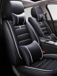 5-Piece Universal Car Seat Covers Set Beige PU Leatherette With Neck Lumbar Pillows All Season