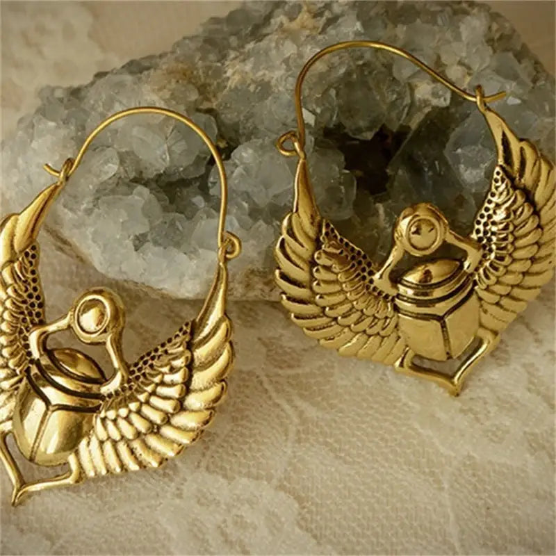 Vintage Egyptian Inspired Designs Sacred Wings Scarab Large Hoops Earrings Gypsy Tribal Women Gold Color Earrings Party