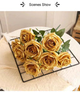 10/1 Heads Golden Silver Rose Artificial Flower DIY Wedding Floral Arrangement Material Silk Bridal Bouquet Photo Prop Home Deco