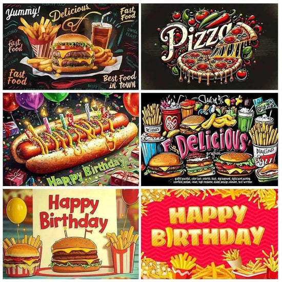 Quick Food Theme Birthday Party Decoration Hamburger French Fries Pizza Background Banner Photography Backdrop Supplies Kid Gift - GiFTiFY
