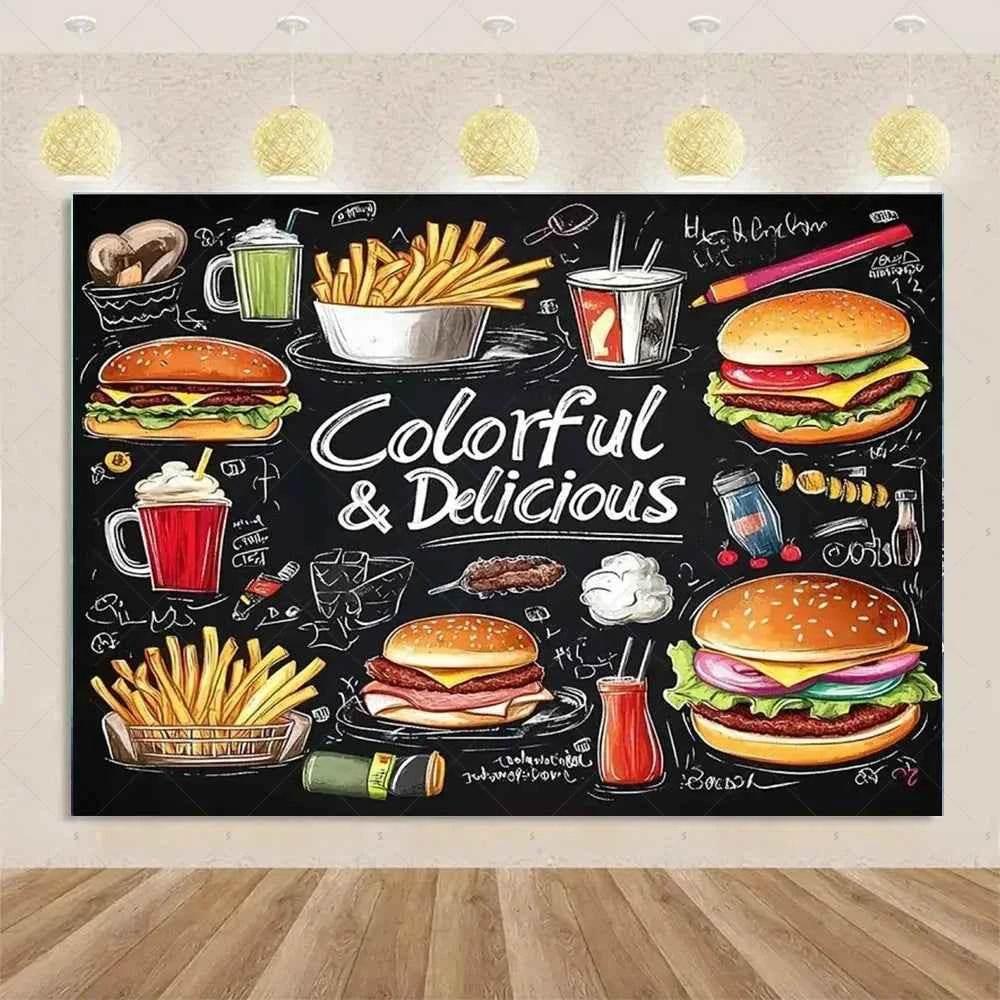 Quick Food Theme Birthday Party Decoration Hamburger French Fries Pizza Background Banner Photography Backdrop Supplies Kid Gift - GiFTiFY