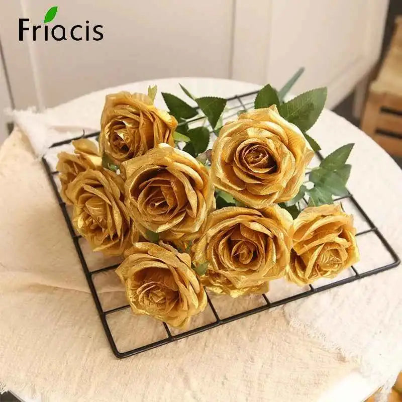 10/1 Heads Golden Silver Rose Artificial Flower DIY Wedding Floral Arrangement Material Silk Bridal Bouquet Photo Prop Home Deco