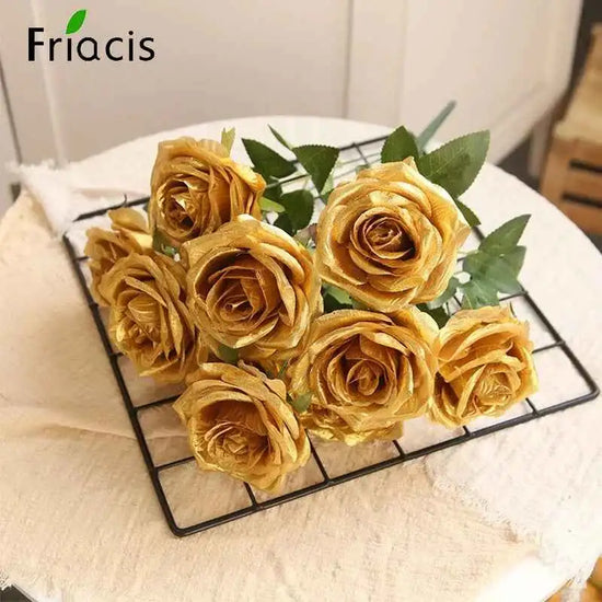 10/1 Heads Golden Silver Rose Artificial Flower DIY Wedding Floral Arrangement Material Silk Bridal Bouquet Photo Prop Home Deco