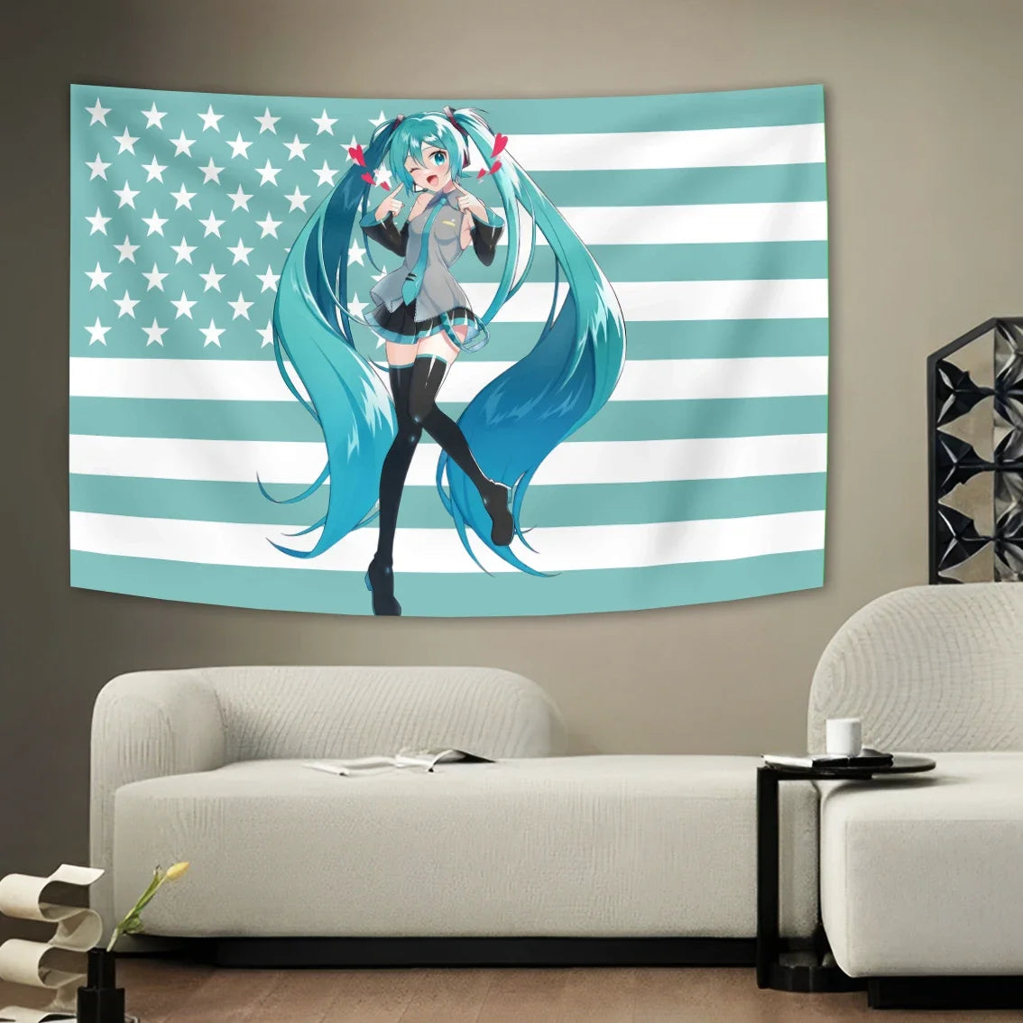 Anime Hatsune Miku American Flag Background Decoration Tapestry Dormitory Bedhead Tapestry Living Room Sofa Background Tapestry wall decore by DSERS