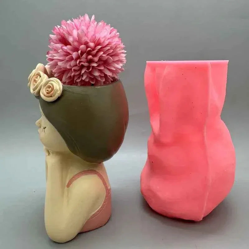 Cute girl flower pot silicone mold used to make gypsum resin concrete living room balcony decoration ornaments