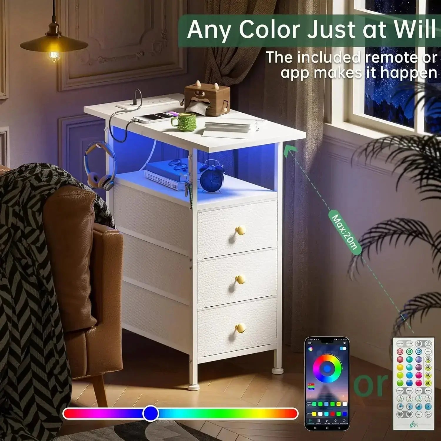 End Table with Charging Station, Narrow Side Table with 3 Fabric Drawers and Shelf, Skinny Nightstand with LED Light, Slim Table - GiFTiFY