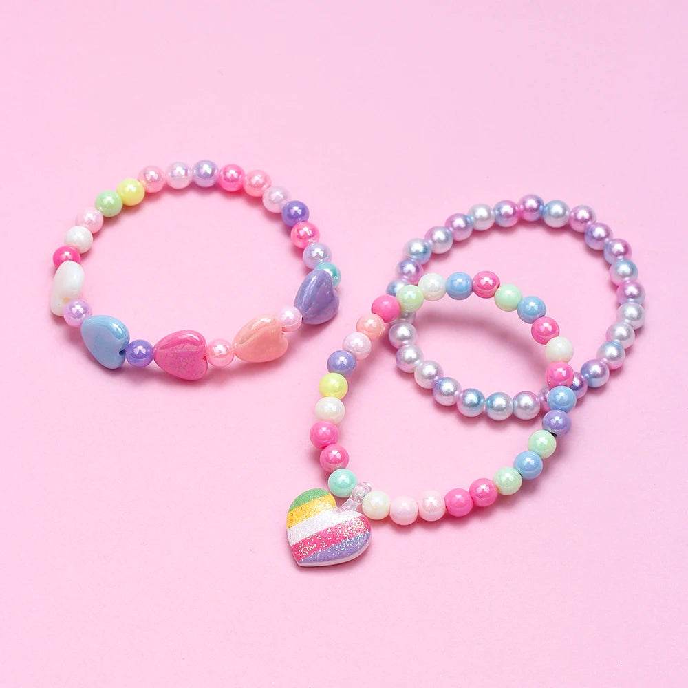 3-Pack Girls Heart Charm Beaded Bracelets Set