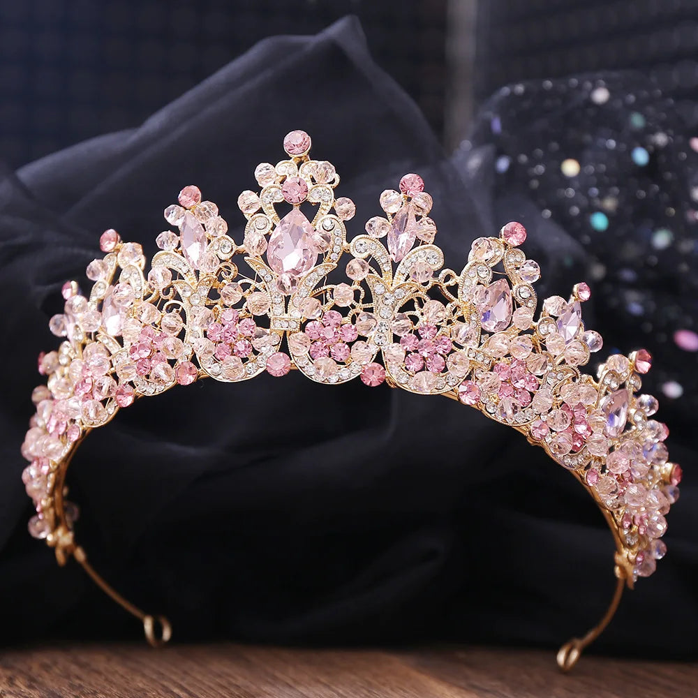 Baroque Pink Crystal Beads Bridal Crowns Handmade Tiaras Bride Headbands Rhinestone Diadem Queen Crown Wedding Hair Accessories DSERS