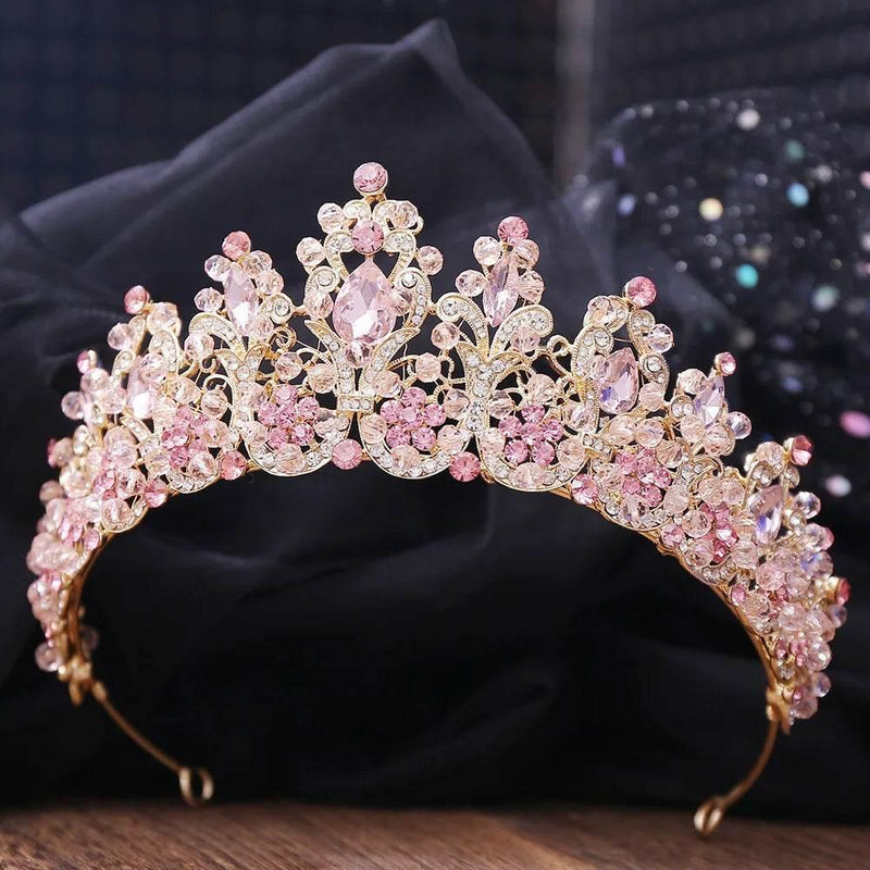 Baroque Pink Crystal Beads Bridal Crowns Handmade Tiaras Bride Headbands Rhinestone Diadem Queen Crown Wedding Hair Accessories Tiaras by DSERS