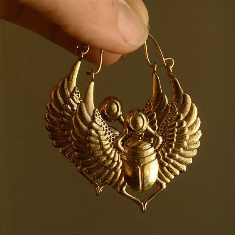 Vintage Egyptian Inspired Designs Sacred Wings Scarab Large Hoops Earrings Gypsy Tribal Women Gold Color Earrings Party