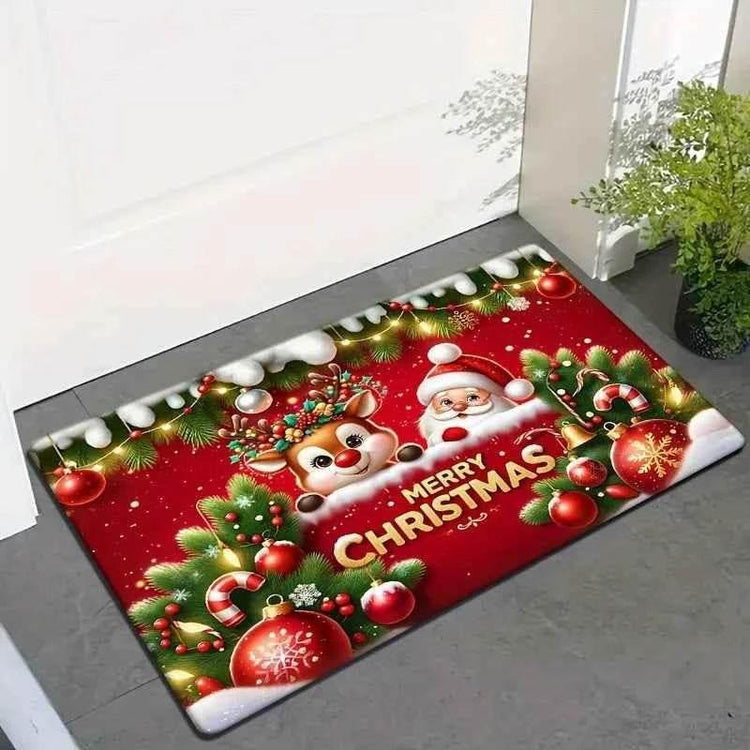 VIKAMA Red Flannel Christmas Santa Claus Entryway Rug Welcome Floor Mat Entrance Carpet Christmas Ornament Living Room Rugs - GiFTiFY