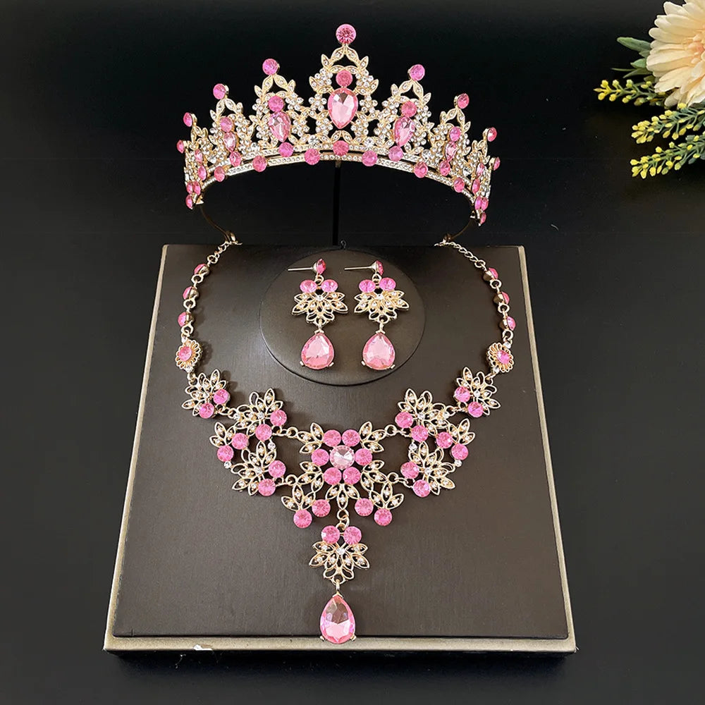 Gorgeous Pink Crystal Tiaras Bridal Jewelry Sets for Women Crown Flowers Choker Necklace Sets Wedding Bride Costume Jewelry Set GiFTiFY