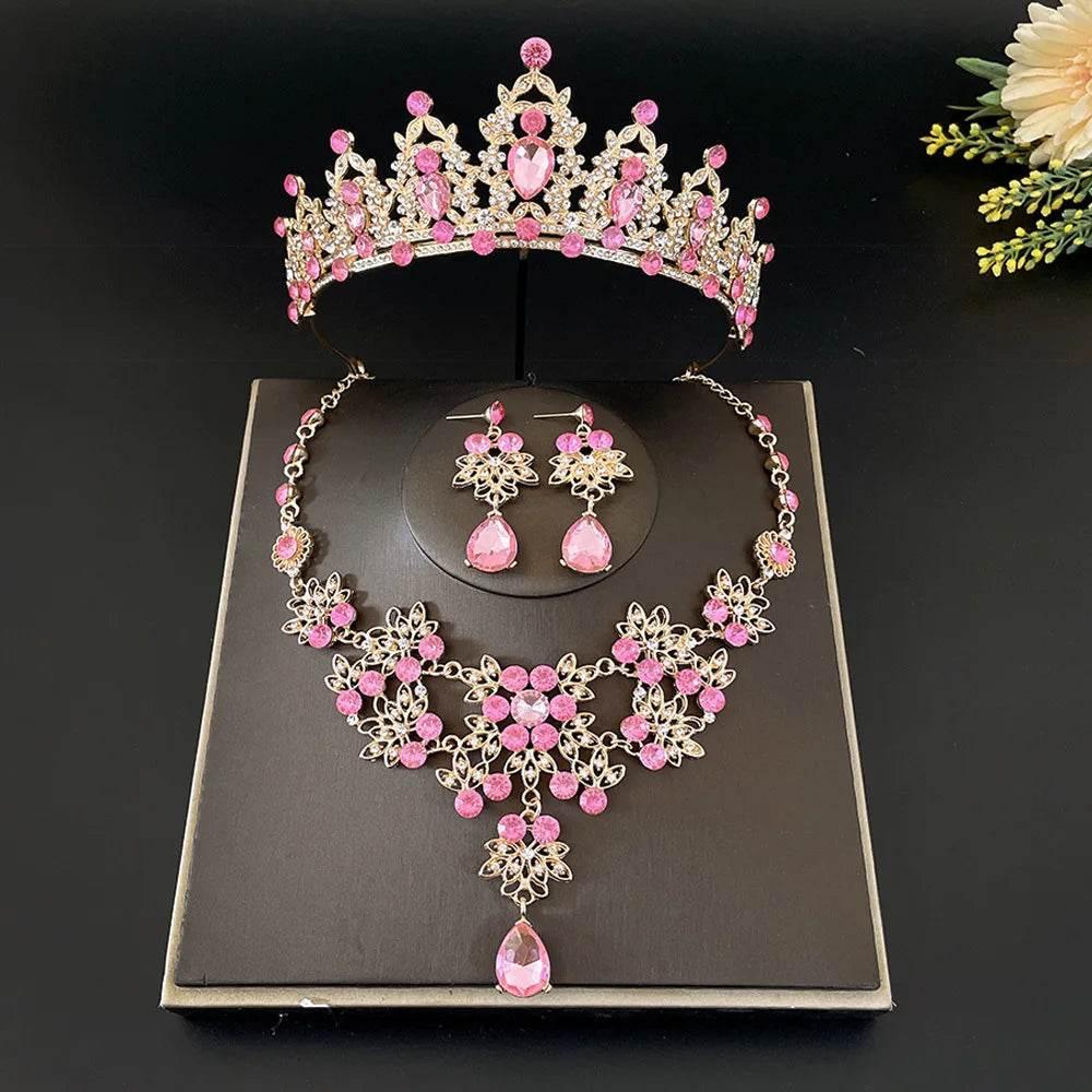 Gorgeous Pink Crystal Tiaras Bridal Jewelry Sets for Women Crown Flowers Choker Necklace Sets Wedding Bride Costume Jewelry Set Tiaras by DSERS