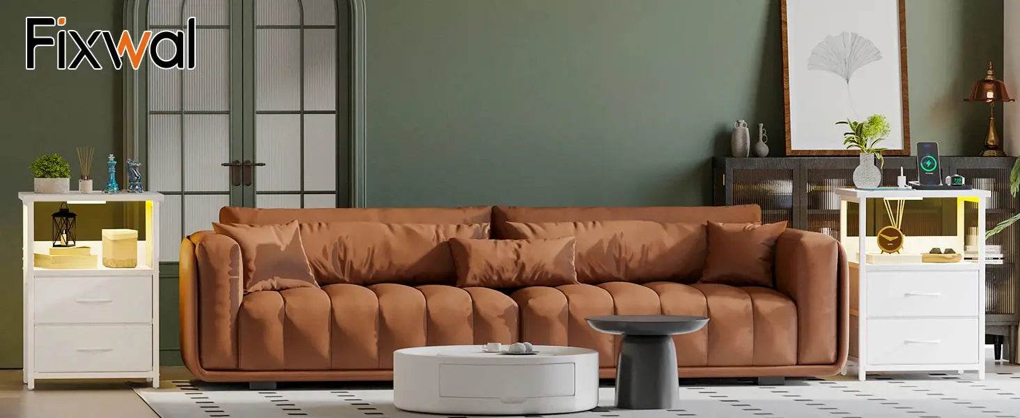 Nightstand Set of 2 Night Stand with Charging Station, LED Nightstand with Fabric Drawers, End Table with PU Finish, Bed Side Table - GiFTiFY