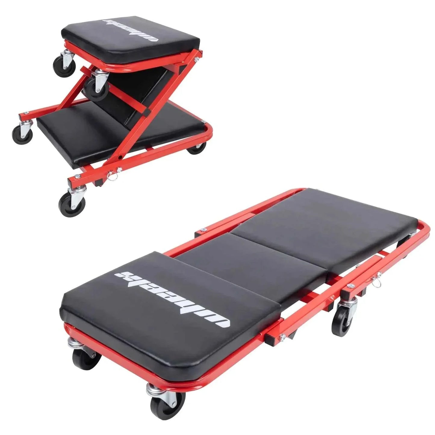3-in-1 Rolling Mechanic Creeper Z Seat, Foldable Garage Chair Lay Down Sit Lean Back, Under Car Shop Auto Repair, Red Black DSERS