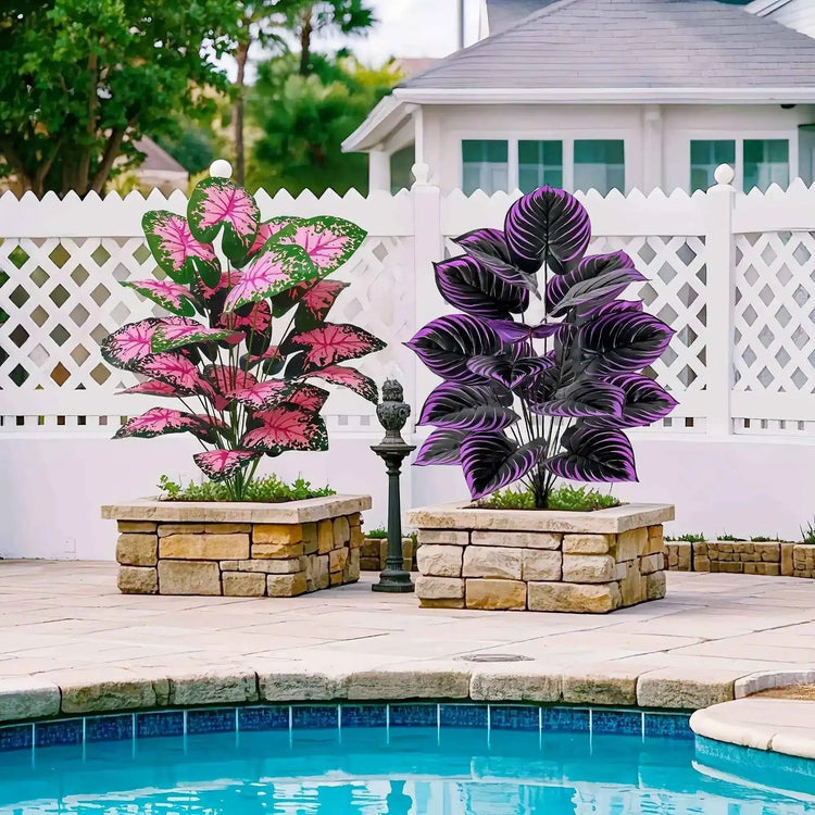 Set of 2 Artificial Caladium Plants with Purple Pink Leaf Faux Bonsai Plant