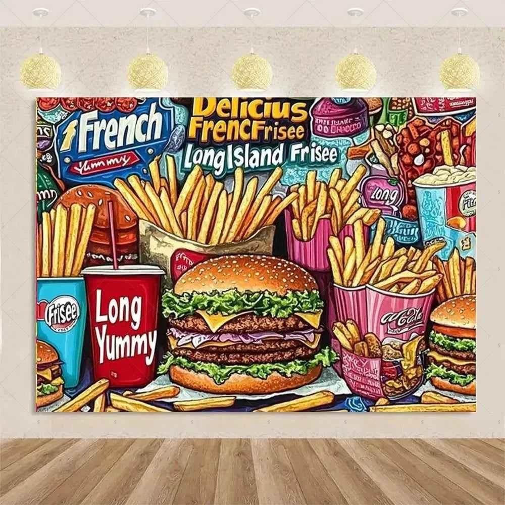 Quick Food Theme Birthday Party Decoration Hamburger French Fries Pizza Background Banner Photography Backdrop Supplies Kid Gift - GiFTiFY