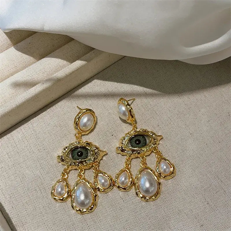 French Style Exaggerated Big Eyes Long Earrings Fashion Pearl Water Droplets Earring