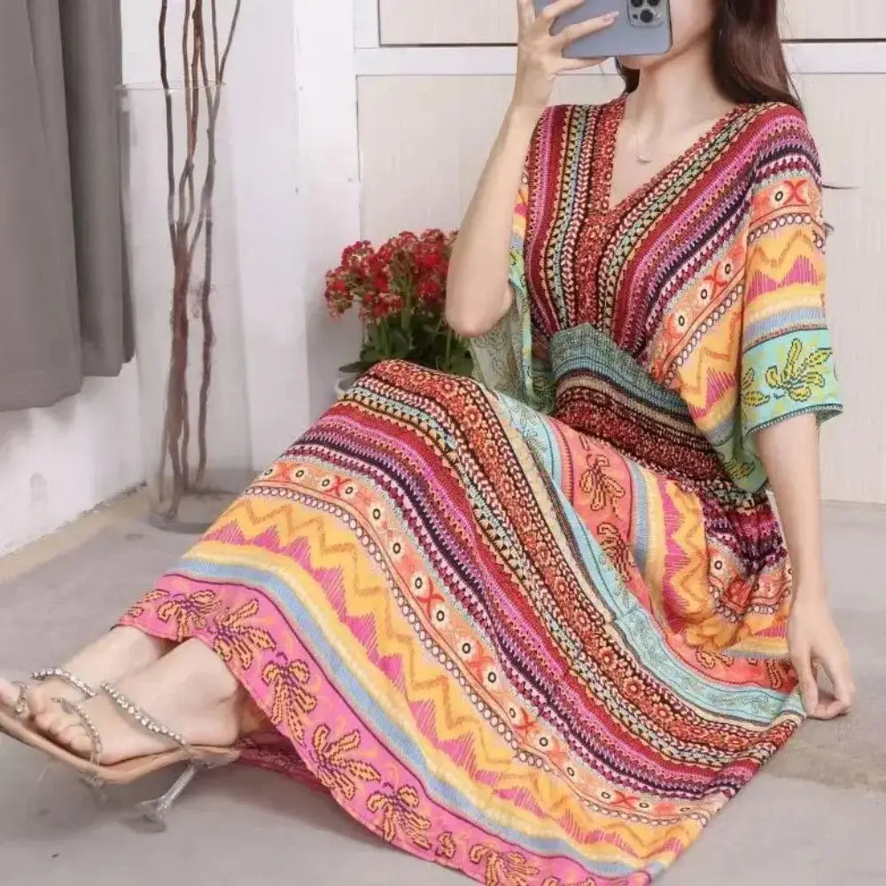 Green Printed Summer Long Maxi Dress