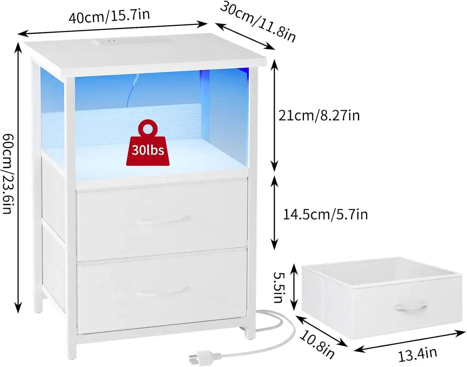 Nightstand Set of 2 Night Stand with Charging Station, LED Nightstand with Fabric Drawers, End Table with PU Finish, Bed Side Table - GiFTiFY