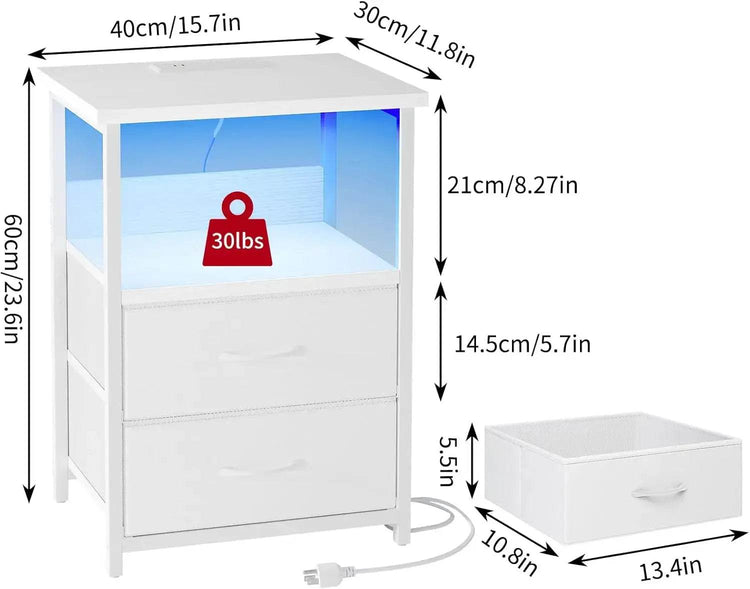 Nightstand Set of 2 Night Stand with Charging Station, LED Nightstand with Fabric Drawers, End Table with PU Finish, Bed Side Table - GiFTiFY