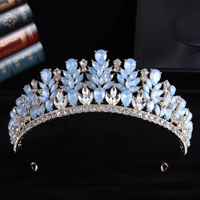 Baroque Green Pink Opal Wedding Headband Crystal Bridal Crown Tiara Hair Jewelry Accessories Women Rhinestone Royal Queen Diadem DSERS
