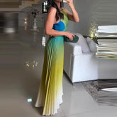 Women O-neck Lace Up Backless Holiday Dress Elegant High Waist Loose Party Dresses New Gradient Printed Pleated Long Dress - GiFTiFY