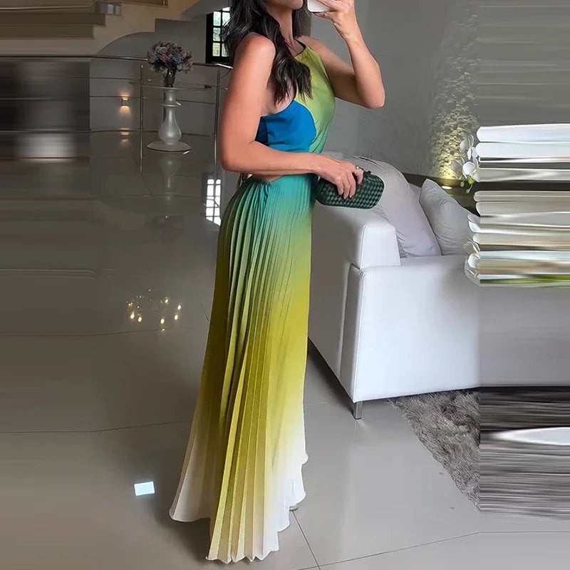 Women O-neck Lace Up Backless Holiday Dress Elegant High Waist Loose Party Dresses  New Gradient Printed Pleated Long Dress DSERS
