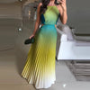 Women O-neck Lace Up Backless Holiday Dress Elegant High Waist Loose Party Dresses  New Gradient Printed Pleated Long Dress DSERS