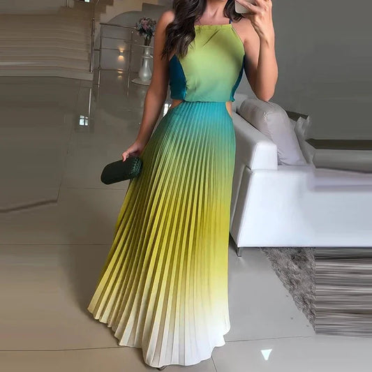 Women O-neck Lace Up Backless Holiday Dress Elegant High Waist Loose Party Dresses  New Gradient Printed Pleated Long Dress DSERS