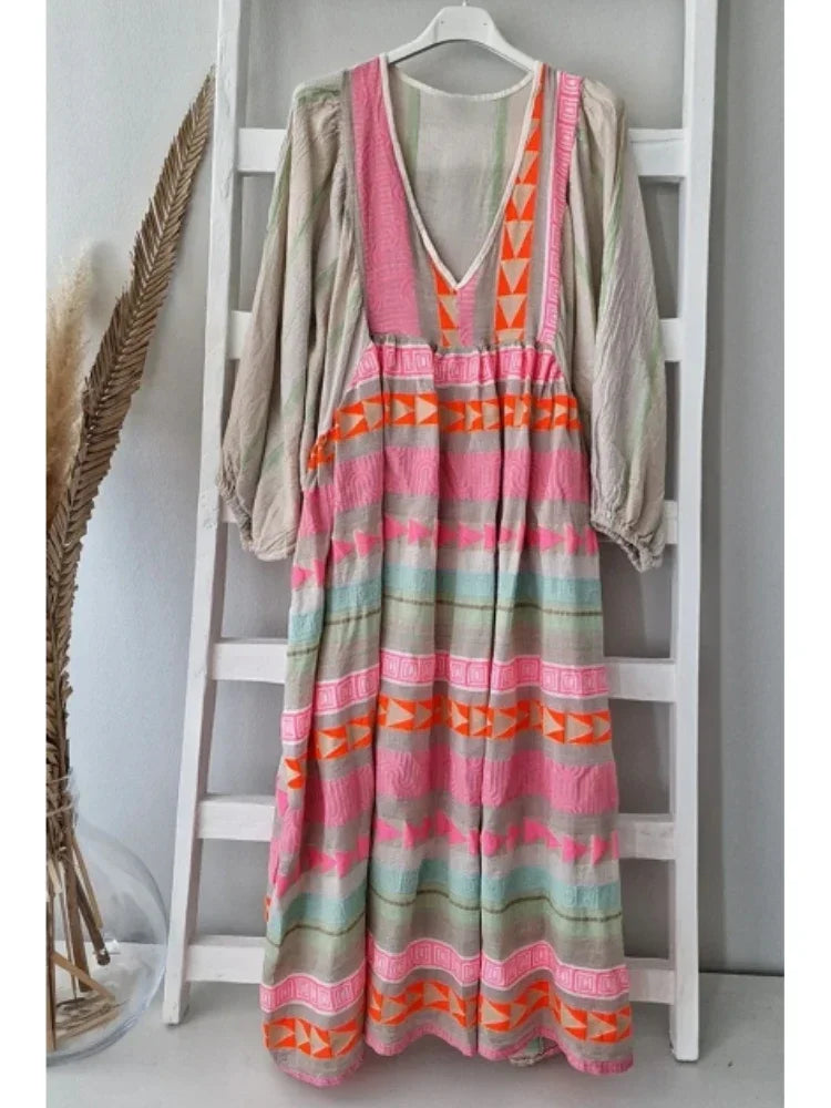 New Strip Printed Women's Maxi Dresses Summer Autumn Fashion Casual High Waist Puff Sleeve Loose Dresses Womens Clothing DSERS