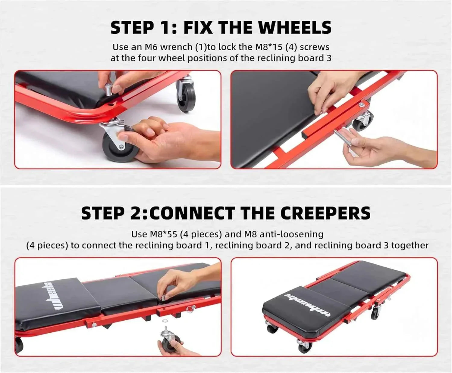 3-in-1 Rolling Mechanic Creeper Z Seat, Foldable Garage Chair Lay Down Sit Lean Back, Under Car Shop Auto Repair, Red Black DSERS