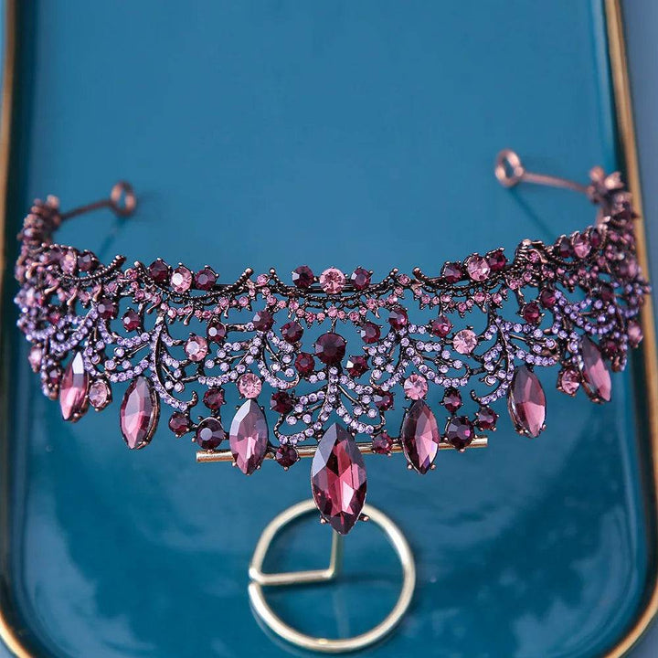 Baroque Bronze Purple Crystal Heart Bridal Tiaras Crown Rhinestone Pageant Diadem Veil Tiara Headbands Wedding Hair Accessories - GiFTiFY