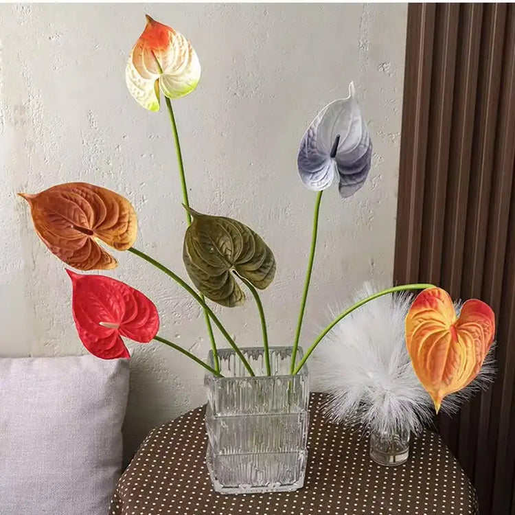 10Pc/lot PU Artificial Flowers Anthurium Bridal Bouquet Wedding Decoration Fake Palm Flowers Home Party Table Floral Arrangement