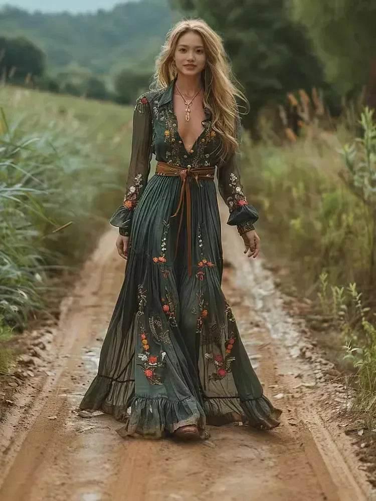 Women's Ethnic Retro Floral Print Pleated Long Dress Sexy Shirt Collar Buttons Maxi Gown for Party Fall Long Sleeve Bohemian women dress by DSERS