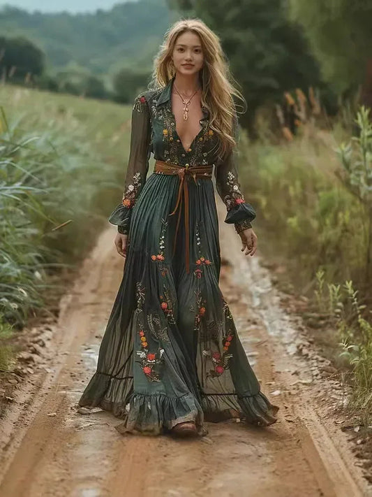 Women's Ethnic Retro Floral Print Pleated Long Dress Sexy Shirt Collar Buttons Maxi Gown for Party Fall Long Sleeve Bohemian DSERS
