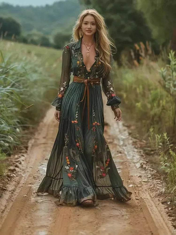 Women's Ethnic Retro Floral Print Pleated Long Dress Sexy Shirt Collar Buttons Maxi Gown for Party Fall Long Sleeve Bohemian - GiFTiFY