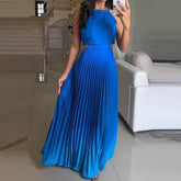 Women O-neck Lace Up Backless Holiday Dress Elegant High Waist Loose Party Dresses New Gradient Printed Pleated Long Dress - GiFTiFY