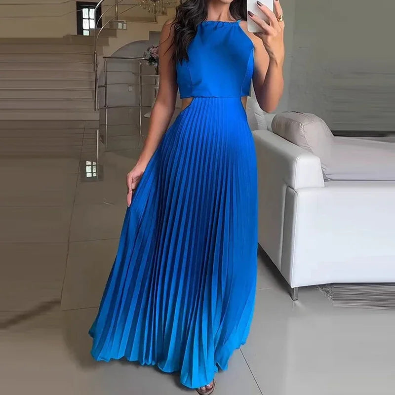 Women O-neck Lace Up Backless Holiday Dress Elegant High Waist Loose Party Dresses  New Gradient Printed Pleated Long Dress DSERS