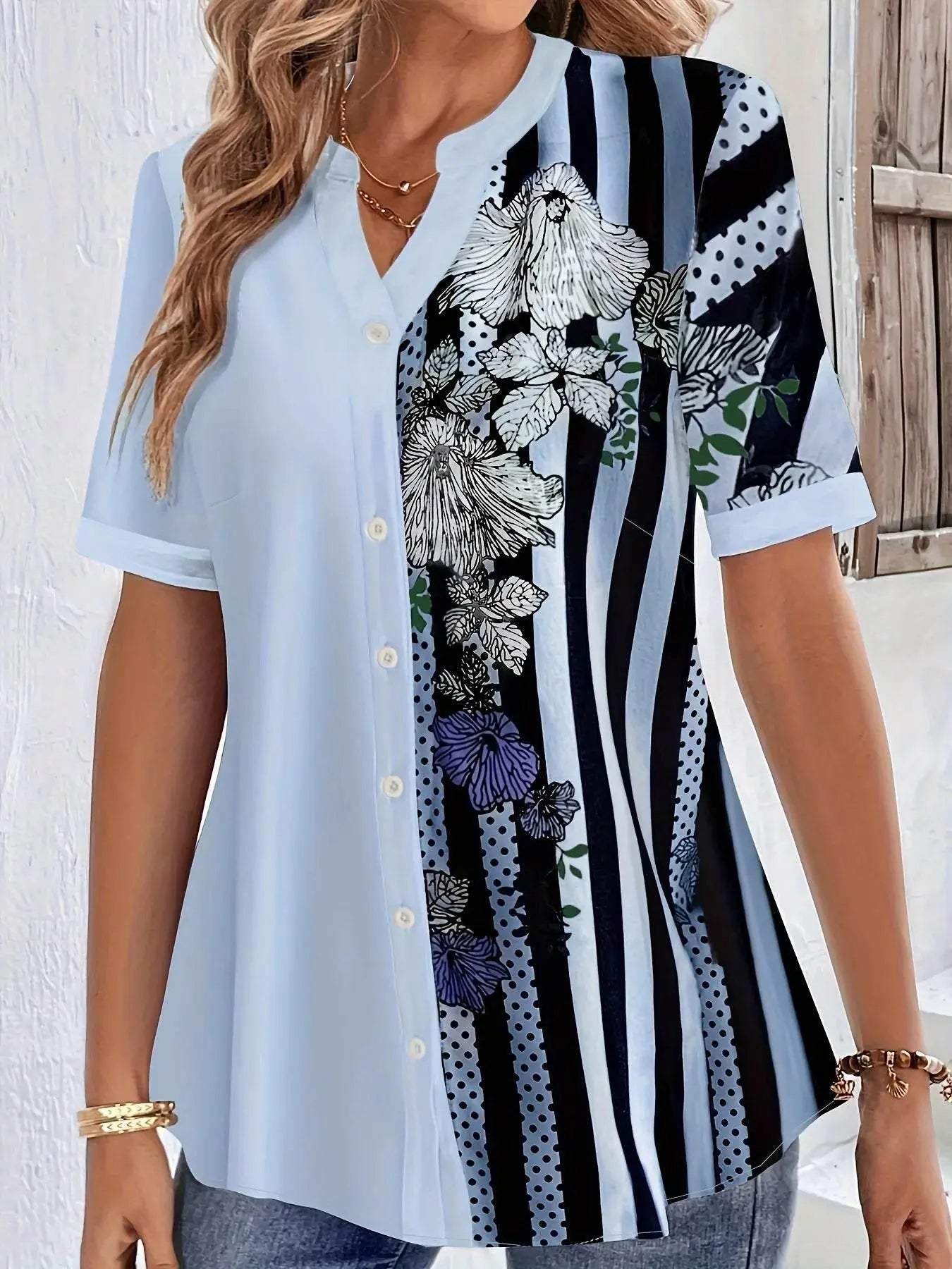 Plus Size Striped Half Sleeve Spring Blouse - GiFTiFY