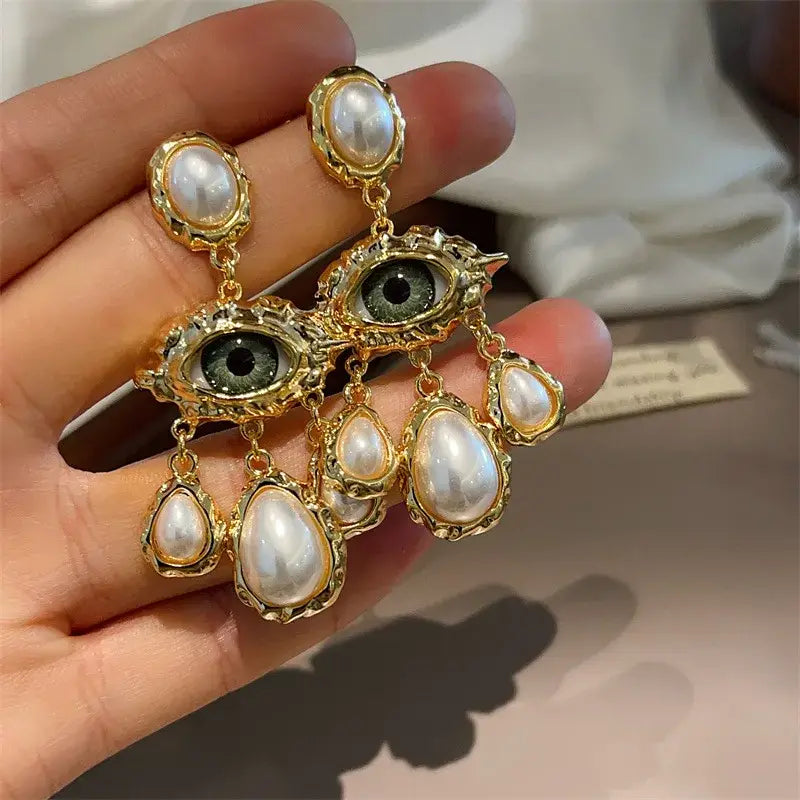 French Style Exaggerated Big Eyes Long Earrings Fashion Pearl Water Droplets Earring