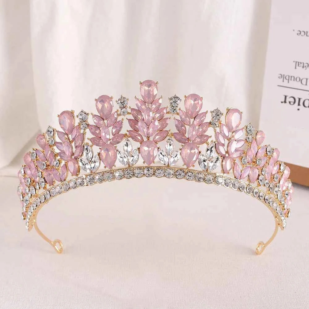 Baroque Green Pink Opal Wedding Headband Crystal Bridal Crown Tiara Hair Jewelry Accessories Women Rhinestone Royal Queen Diadem