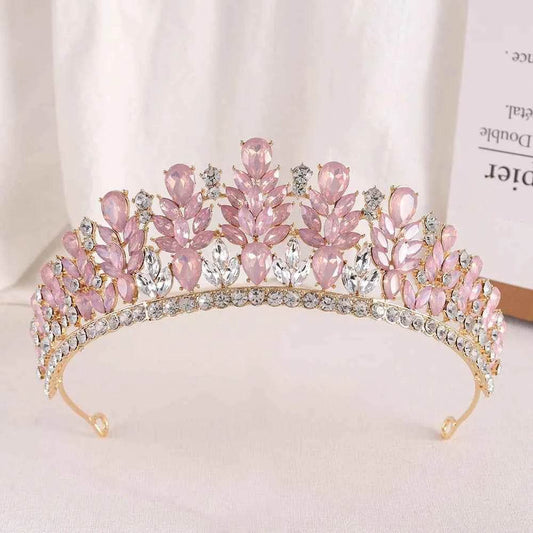 Baroque Green Pink Opal Wedding Headband Crystal Bridal Crown Tiara Hair Jewelry Accessories Women Rhinestone Royal Queen Diadem