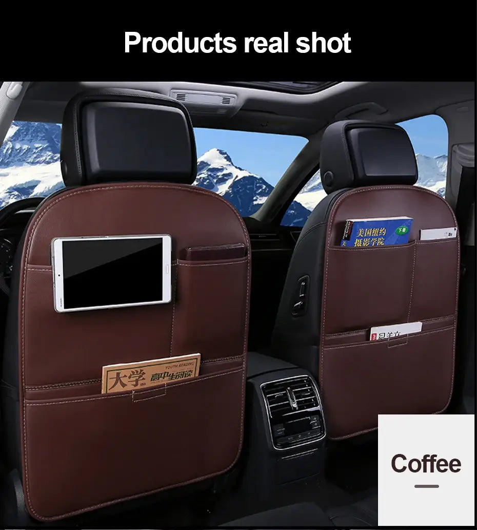 Brown Leather Car Seat Organizer Seametal Anti Kick Pad