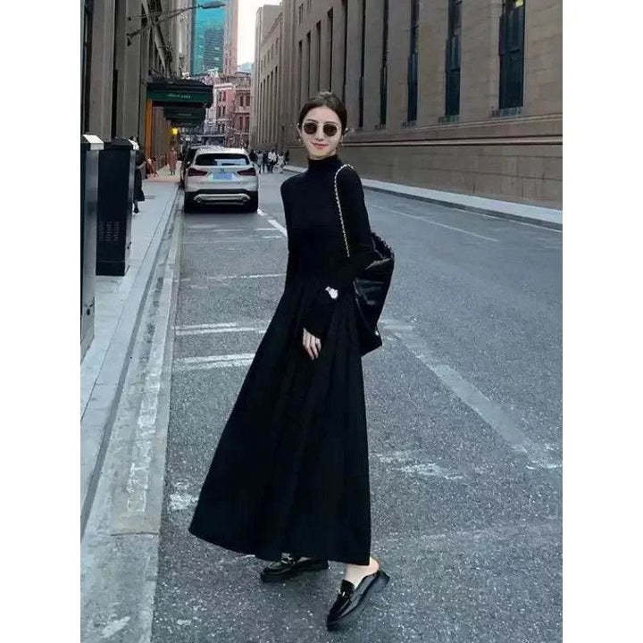 New French Style Temperament Women's High-Grade Black Dress Hepburn Style Gray Turtleneck Dress for Women Autumn Winter DF4964 - GiFTiFY