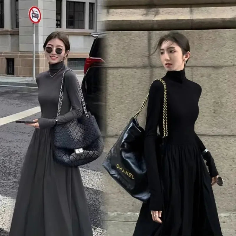 New French Style Temperament Women's High-Grade Black Dress Hepburn Style Gray Turtleneck Dress for Women Autumn Winter DF4964 DSERS