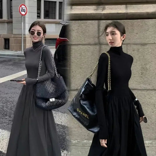 New French Style Temperament Women's High-Grade Black Dress Hepburn Style Gray Turtleneck Dress for Women Autumn Winter DF4964 DSERS