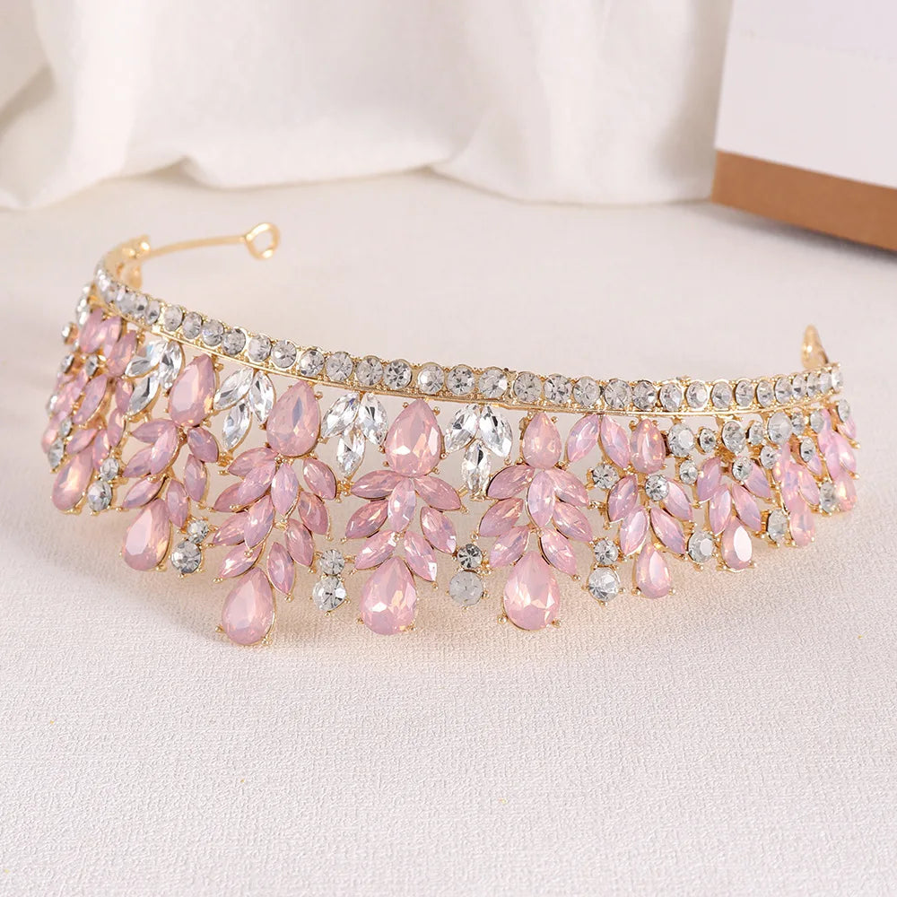 Baroque Green Pink Opal Wedding Headband Crystal Bridal Crown Tiara Hair Jewelry Accessories Women Rhinestone Royal Queen Diadem DSERS