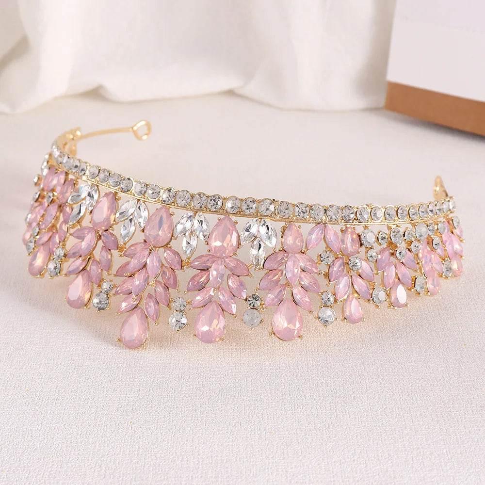 Baroque Green Pink Opal Wedding Headband Crystal Bridal Crown Tiara Hair Jewelry Accessories Women Rhinestone Royal Queen Diadem Tiaras by DSERS