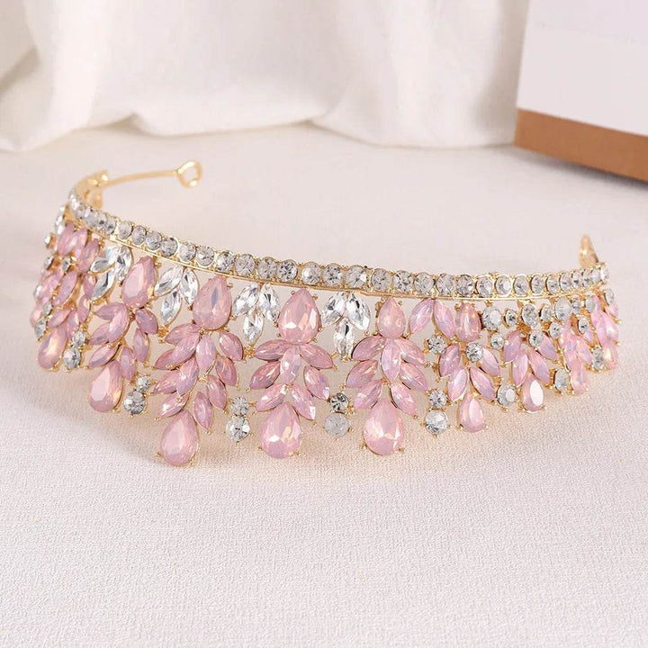 Baroque Green Pink Opal Wedding Headband Crystal Bridal Crown Tiara Hair Jewelry Accessories Women Rhinestone Royal Queen Diadem - GiFTiFY